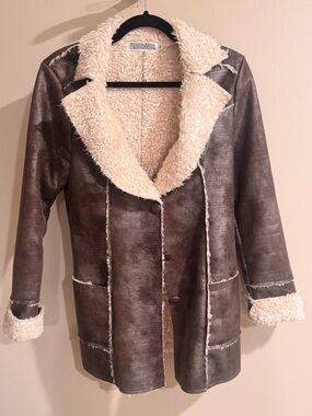 Monoreno Brown Faux-Suede Teddy Coat with Cream Shearling Trim